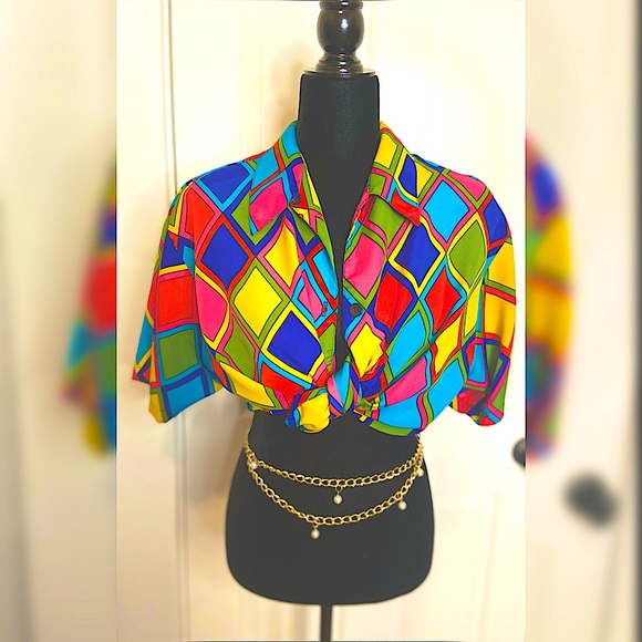 Retro 80s/90s Multi color Geometric Funky Blouse - Picture 1 of 2